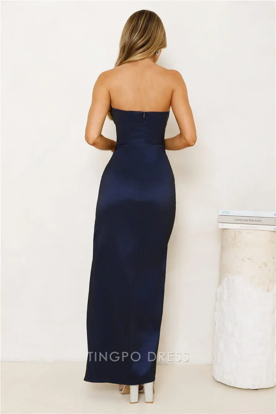 Elegant Navy Off the Shoulder Strapless Satin Maxi Dress with Side Slit Prom Dress